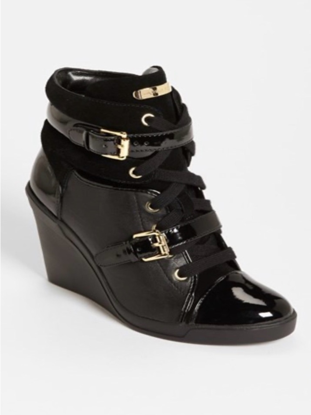 Michael Kors Black Leather Wedge Sneaker Boot with Gold Accents